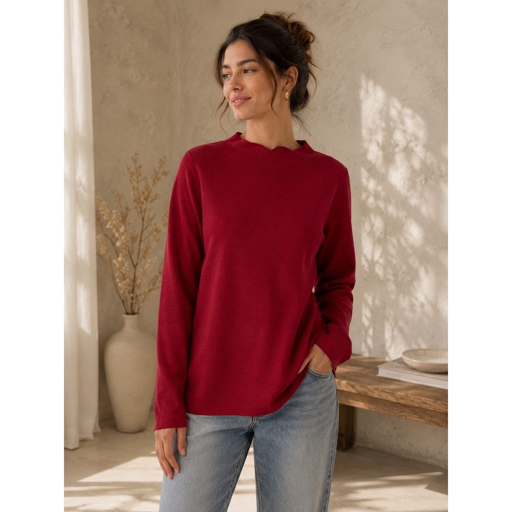 Eileen Fisher Women's Red Mock Neck Knit Sweater S/P Small Petite Long Sleeve